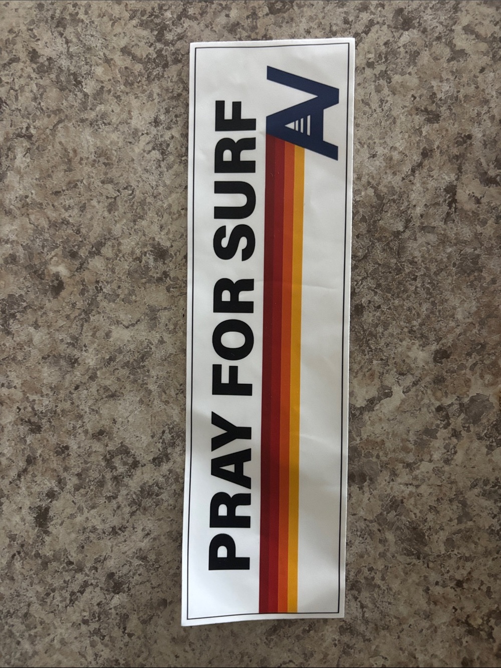 Aviator Nation White Sticker with Sunset Stripes and Black Text “Pray for Surf”